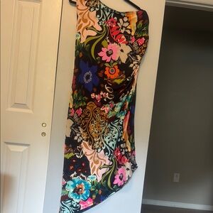 Asymmetrical Dress by Venus  - Black and Multicolor Floral, one shoulder.